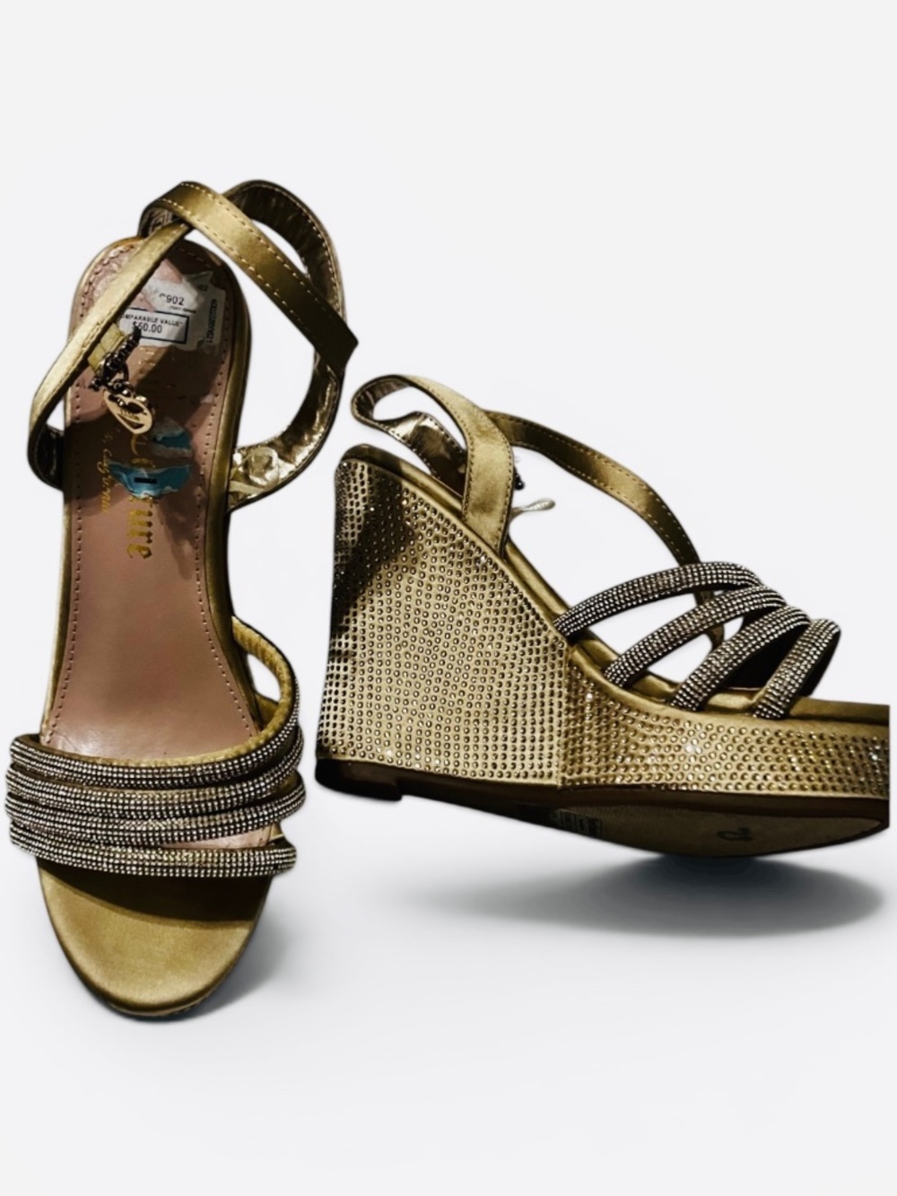 Juicy Couture Crystal Embellished Gold Wedge Sandals | Size 6